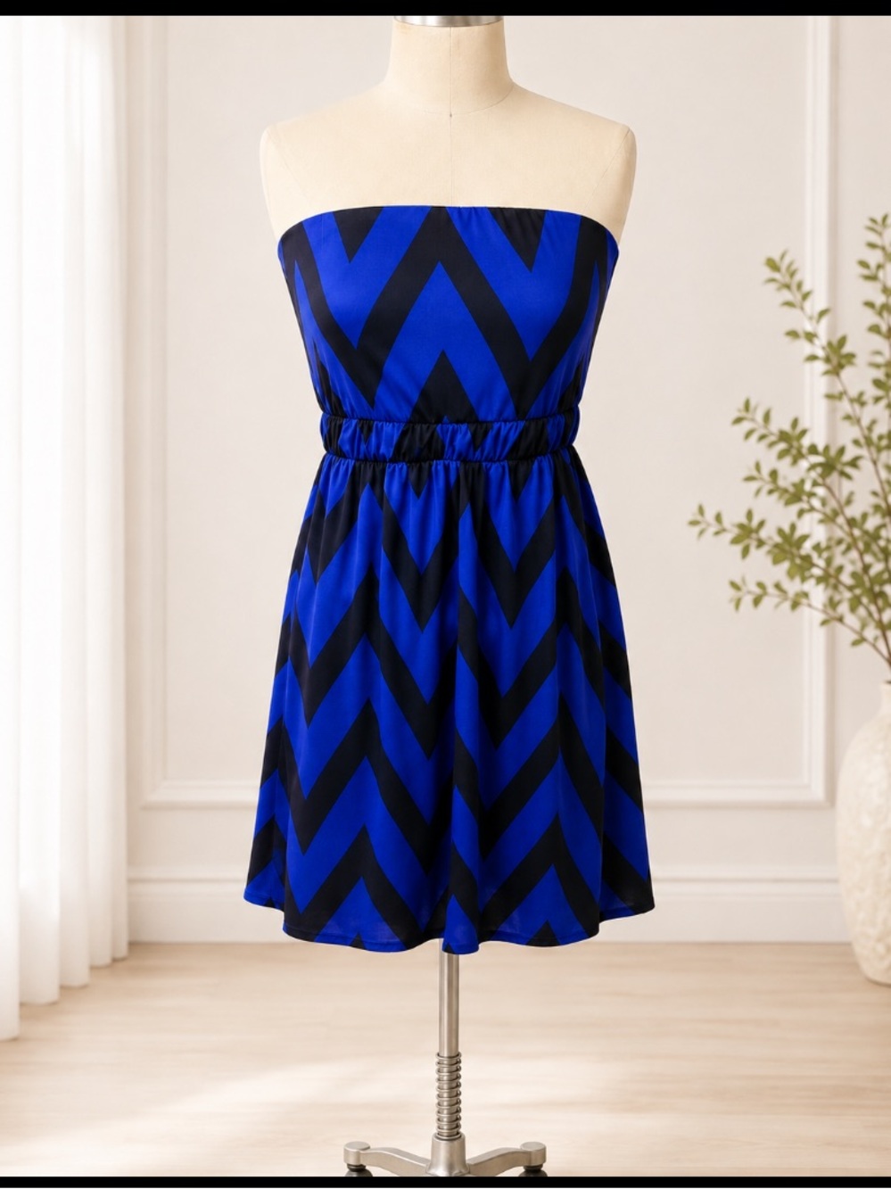 Strapless Blue Chevron Dress